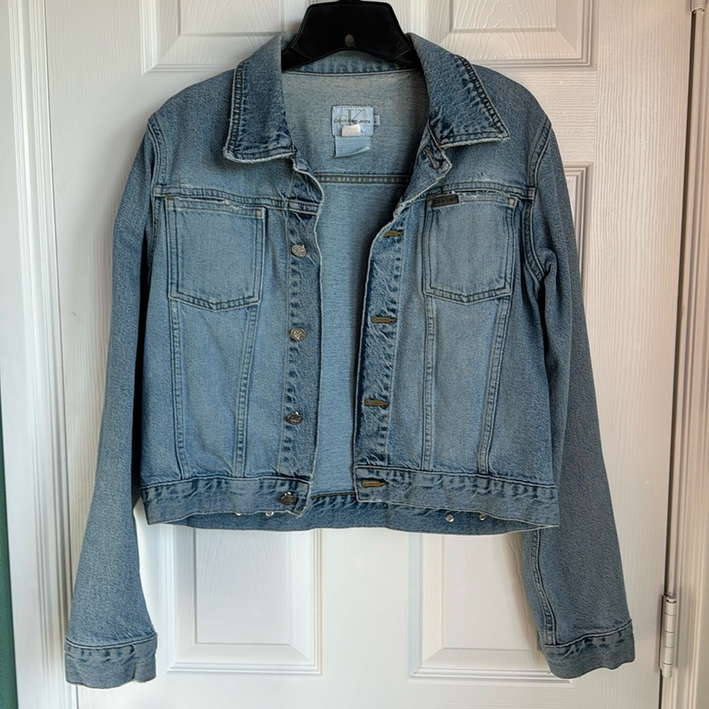 CALVIN KLEIN distressed denim jacket, L